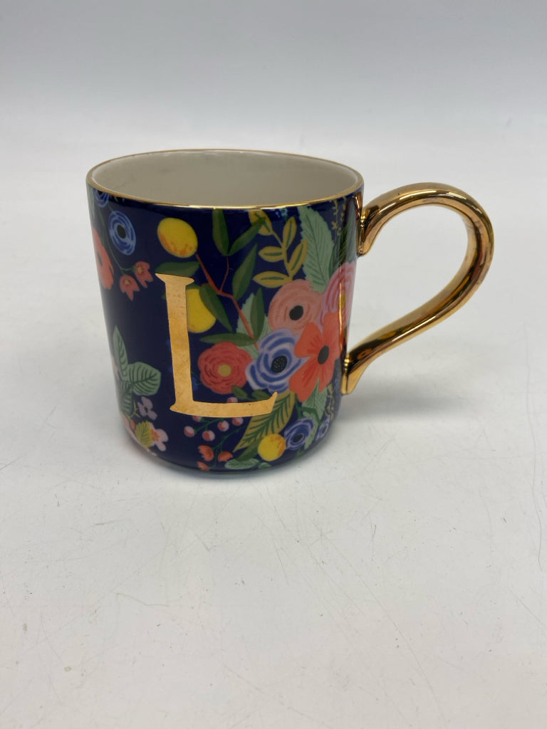 Anthropologie Navy Gold/Multi Floral Coffee Mug