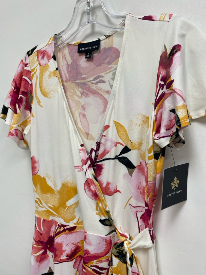 NWT FORTUNE+IVY Size S Cream/Pink Gold/Black Flowers V Neck Ladies Dress