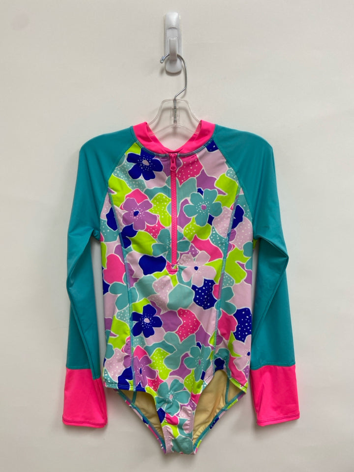 Lands End SIZE 14 Aqua/Pink Purple/Green Flowers Girl&