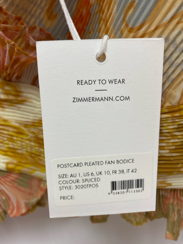 NWT ZIMMERMANN Size 6 Cream/Brown Pink/Multi Crinkle Cropped Ladies Top