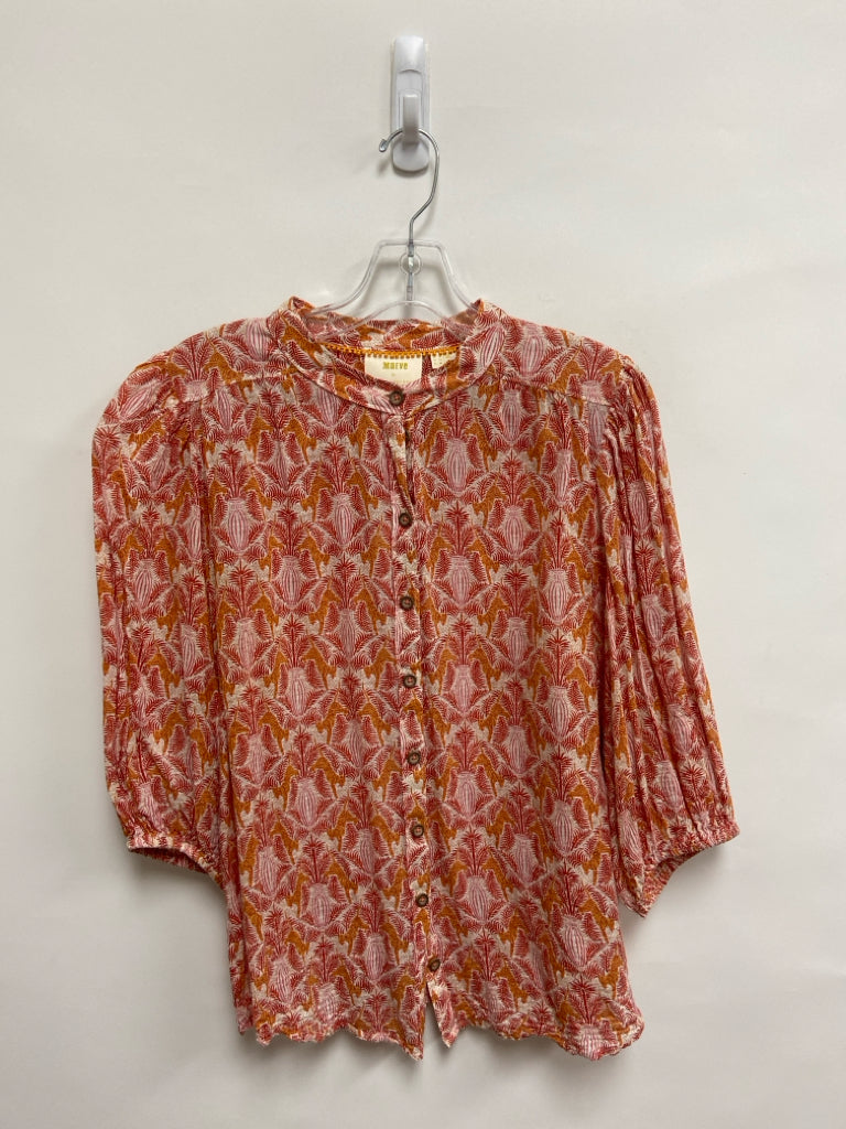 Maeve Size 12 Cream/Red Orange Tiger Puff Sleeve Ladies Top