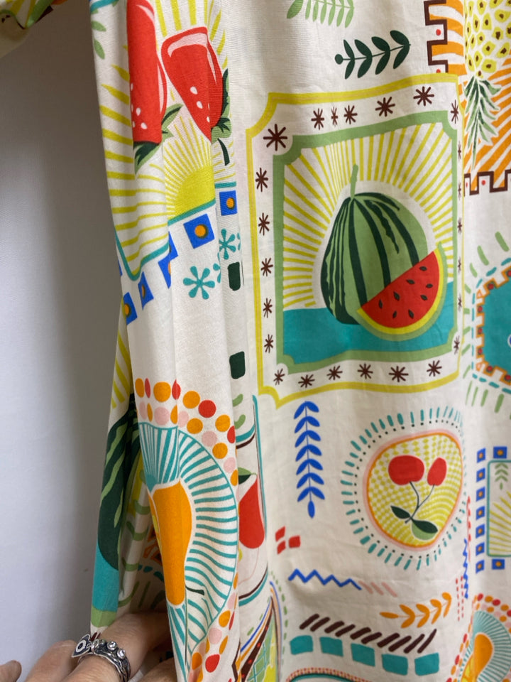 Easel Size M Cream Multi Color Fruit Puff Sleeve Ladies Dress