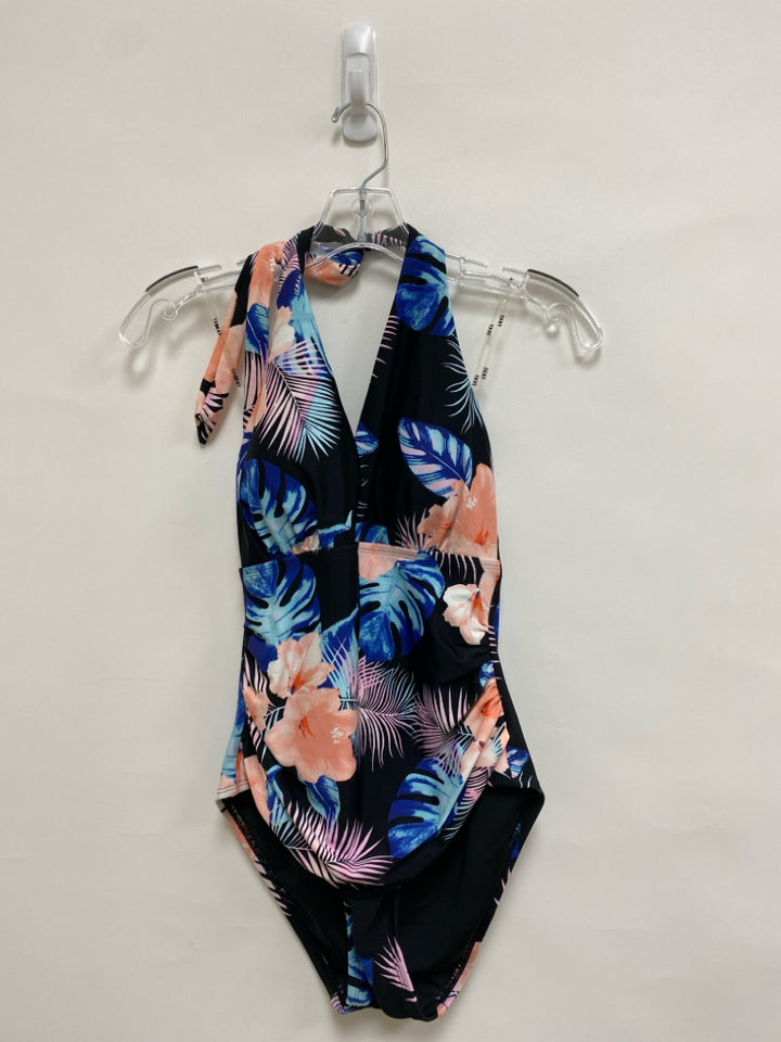 NWT DKNY Size M Navy/Blue Coral Tropical Halter Ladies Swimwear
