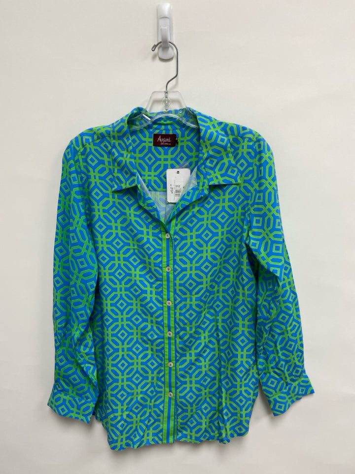NWT Size S Blue Green Geometric Button Up Ladies Top