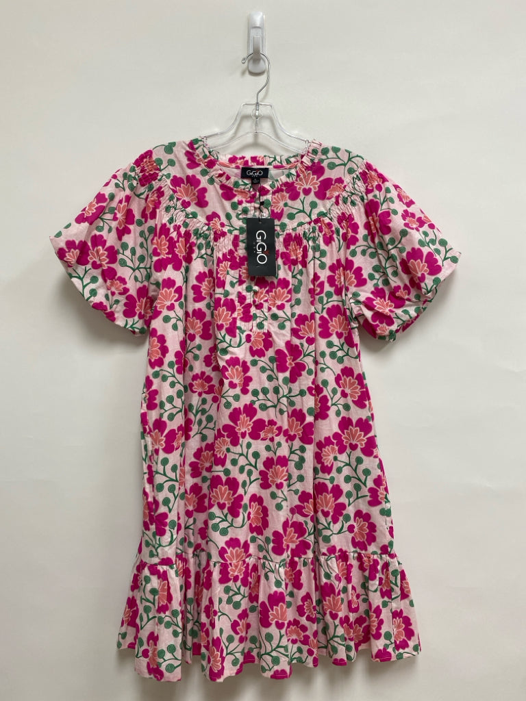 NWT GiGiO Size L Pink/Green Coral Floral Puff Sleeve Ladies Dress