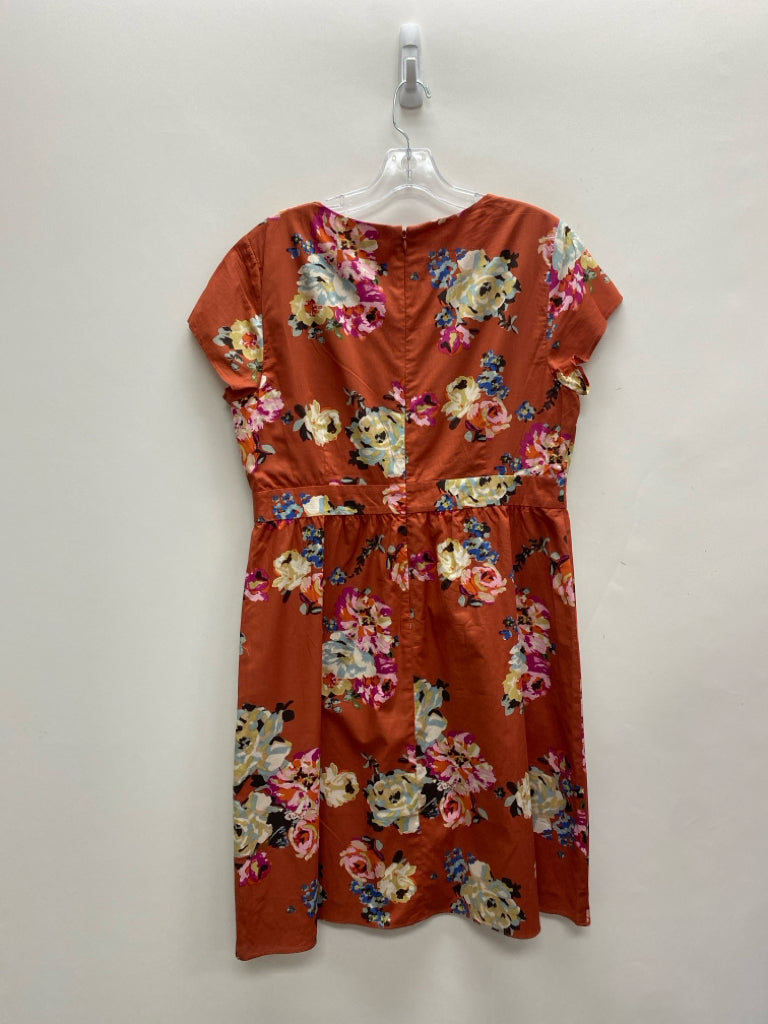 Garnet Hill Size 14 Terra Cotta Cream/Multi Flowers V Neck Ladies Dress