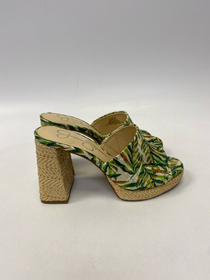 Jessica Simpson  Size 6.5 Green Cream/Orange Leaves Sandals