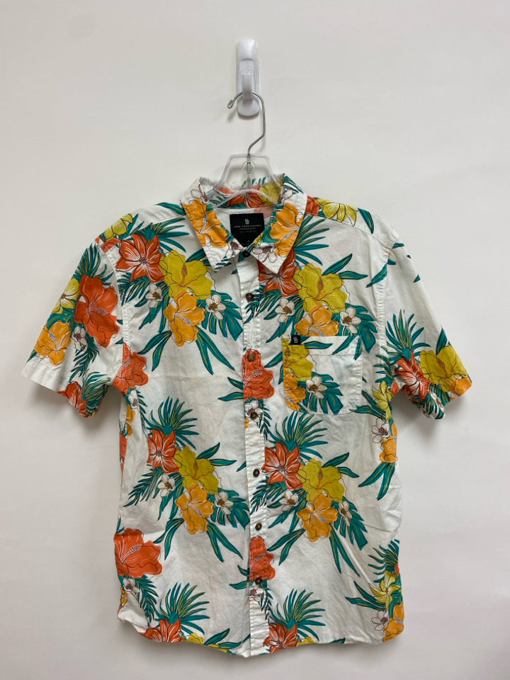 Size S White Teal/Yellow Flowers Button Up Men&