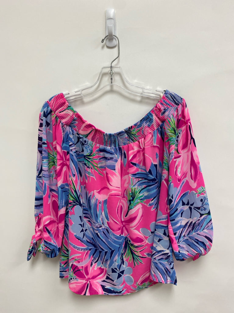 LILLY PULITZER Size S Navy/Blue Pink/Multi Smocking Boat Neck Ladies Top