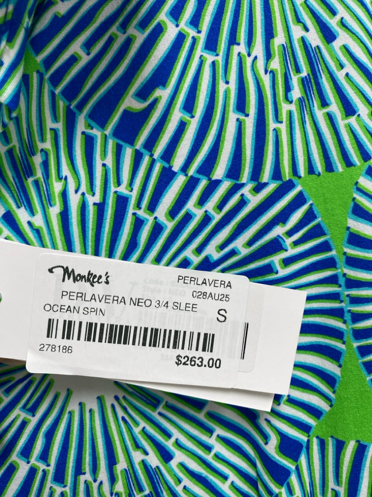 NWT Perlavera Size S Green Blue/White Print Ladies Dress