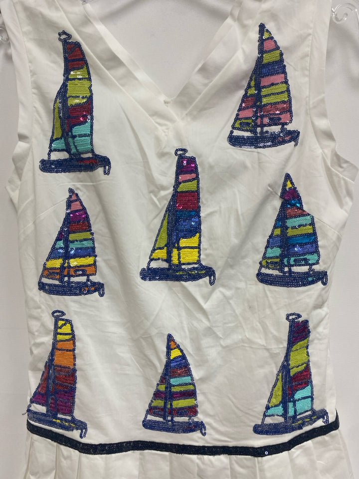 Queen Of Sparkles Size XS White Multi Color Boats Sleeveless Ladies Dress