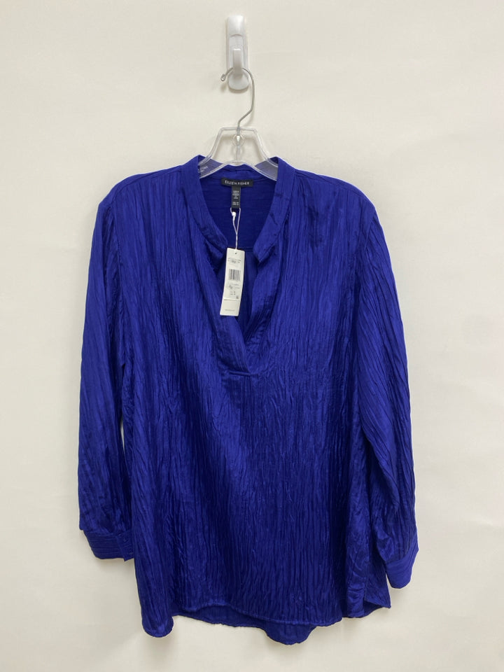 NWT Eileen Fisher Size M Blue Crinkle Long Sleeve Silk Ladies Top