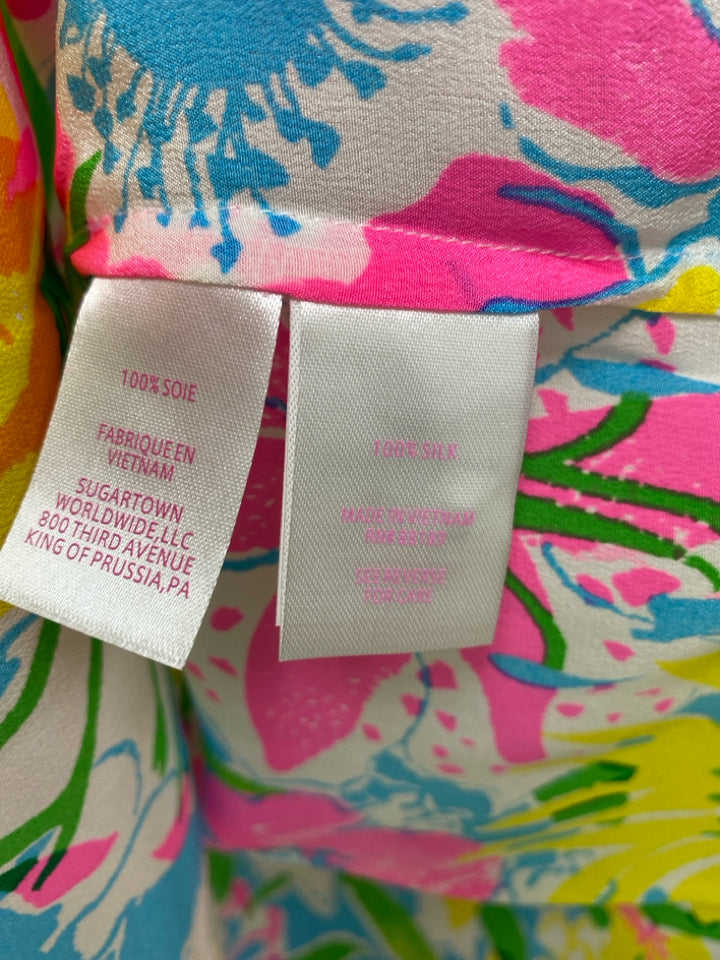 LILLY PULITZER Size S Yellow Blue/Multi Flowers Silk Ladies Top