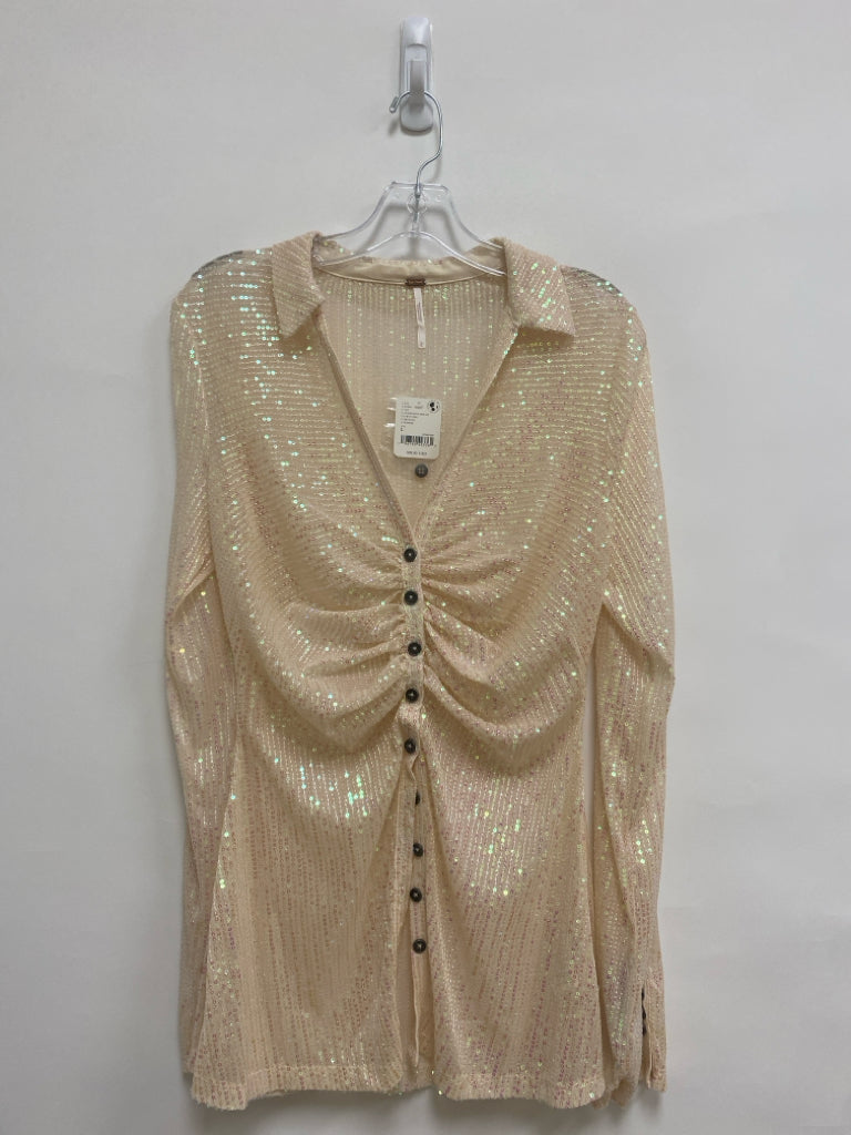 NWT Free People Size L Cream Iridescent Sequins Button Up Ladies Top