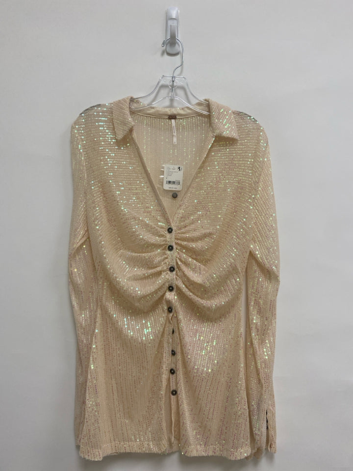 NWT Free People Size L Cream Iridescent Sequins Button Up Ladies Top