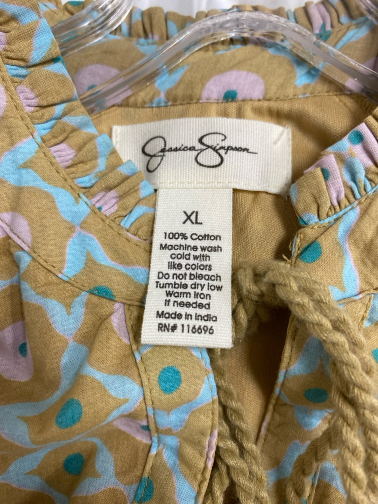 Jessica Simpson Size XL Tan Blue/Lavender Print Ladies Dress