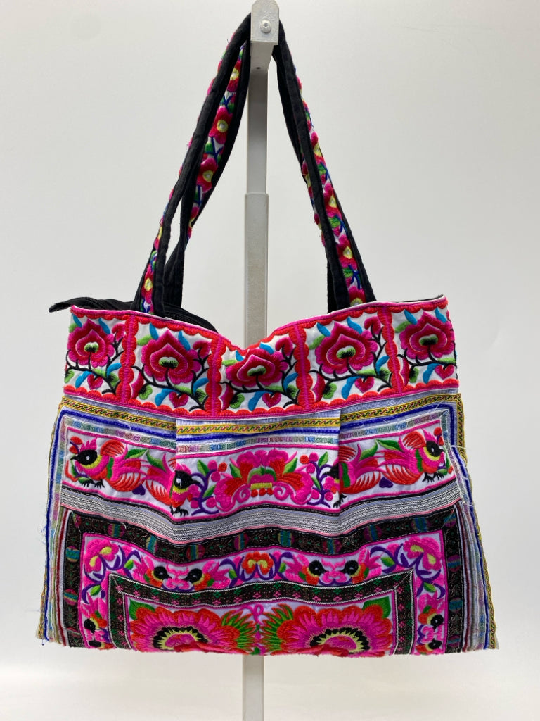 Hot Pink Multi-Color Embroidered Fabric Tote Bag
