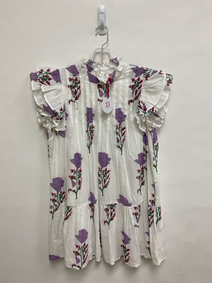 NWT VICTORIA DUNN Size M White Lavender/Pink Ruffles Ladies Dress
