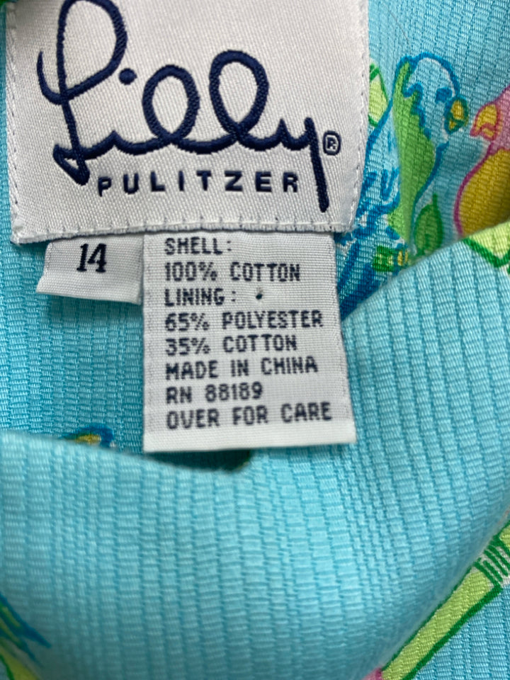 LILLY PULITZER Size 14 Light Blue Green Birds Sleeveless Ladies Dress