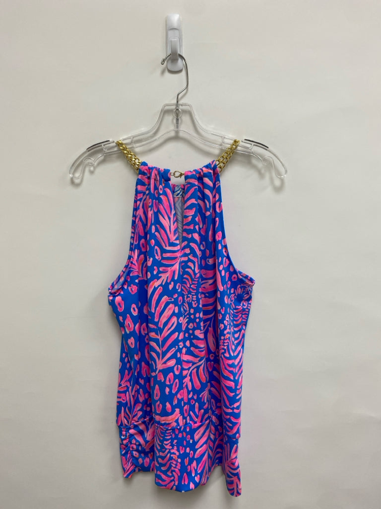 LILLY PULITZER Size L Periwinkle Pink/Gold Chains Halter Ladies Top