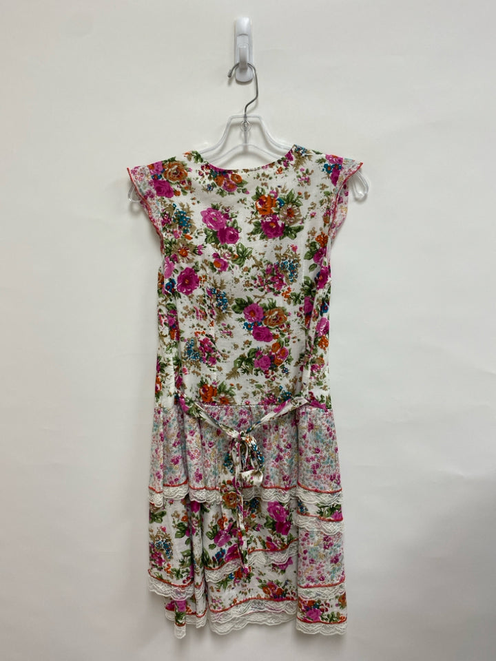 Size L Cream/Green Fuchsia/Multi Floral Sleeveless Ladies Dress