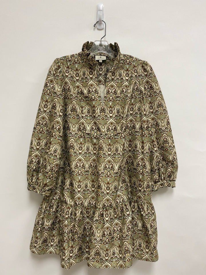 TUCKERNUCK Size M Cream/Gold Aqua/Brown Mock Neck Damask Ladies Dress