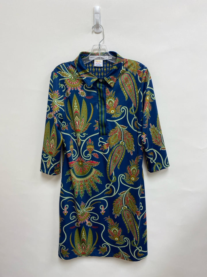 Gretchen Scott Size L Blue Green/Red Ropes 3/4 Sleeve Ladies Dress