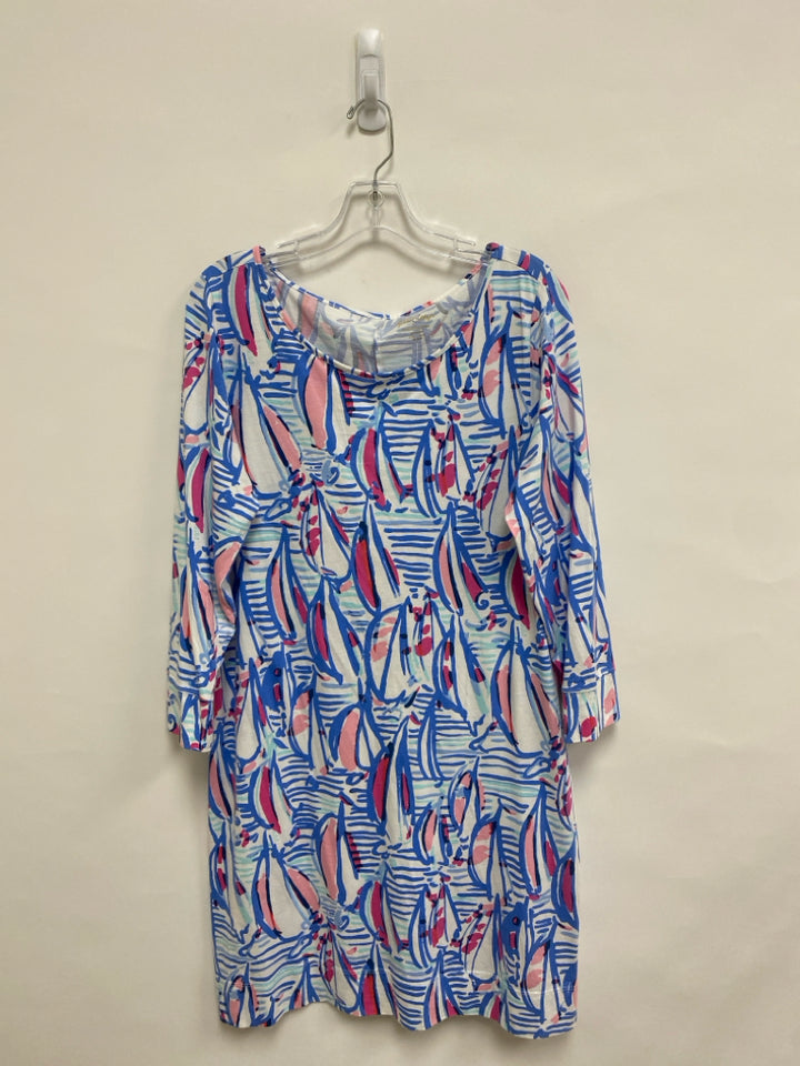 LILLY PULITZER Size XL White/Periwinkle Aqua/Pink Boats 3/4 Sleeve Ladies Dress