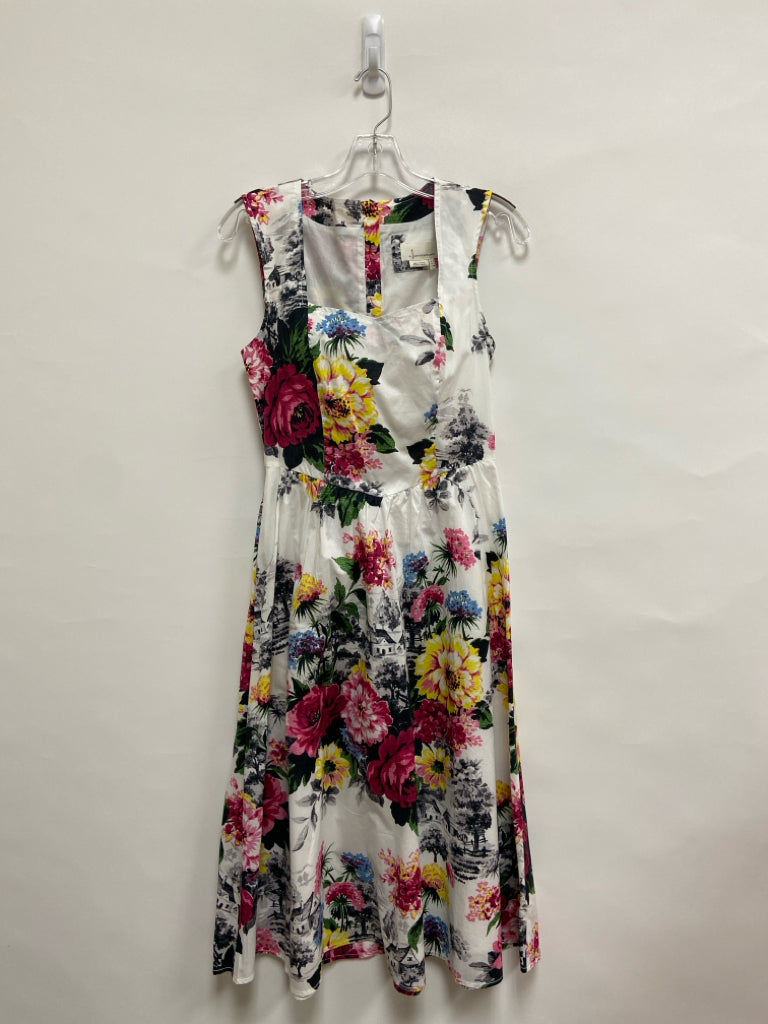 Anthropologie Size 4 White/Black Multi Color Flowers Sleeveless Ladies Dress