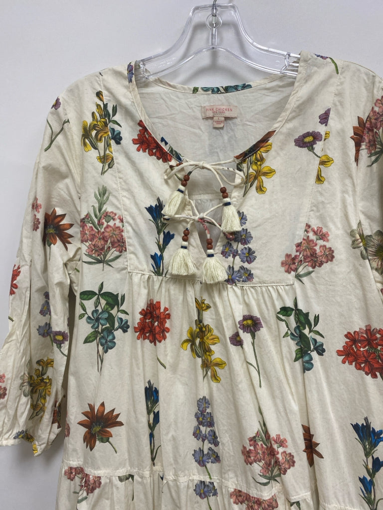 Pink Chicken Size L Beige Multi Color Flowers Puff Sleeve Ladies Dress