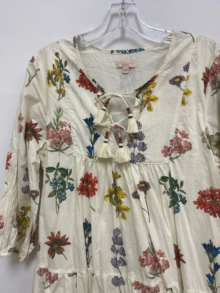 Pink Chicken Size L Beige Multi Color Flowers Puff Sleeve Ladies Dress