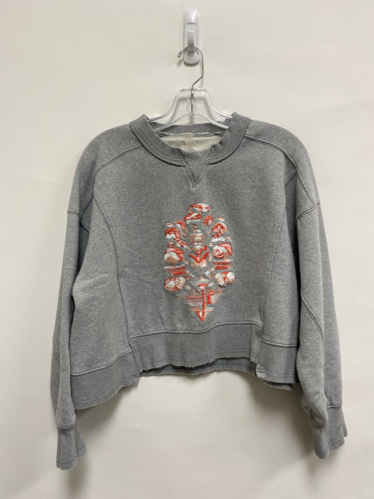 Free People Size S Gray Coral/White Embroidered Cropped Ladies Sweatshirt