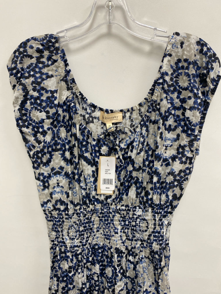 NWT philosophy Size L Black/Blue White/Gray Medallion Maxi Ladies Dress