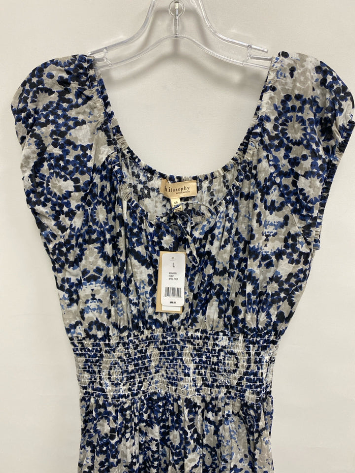 NWT philosophy Size L Black/Blue White/Gray Medallion Maxi Ladies Dress