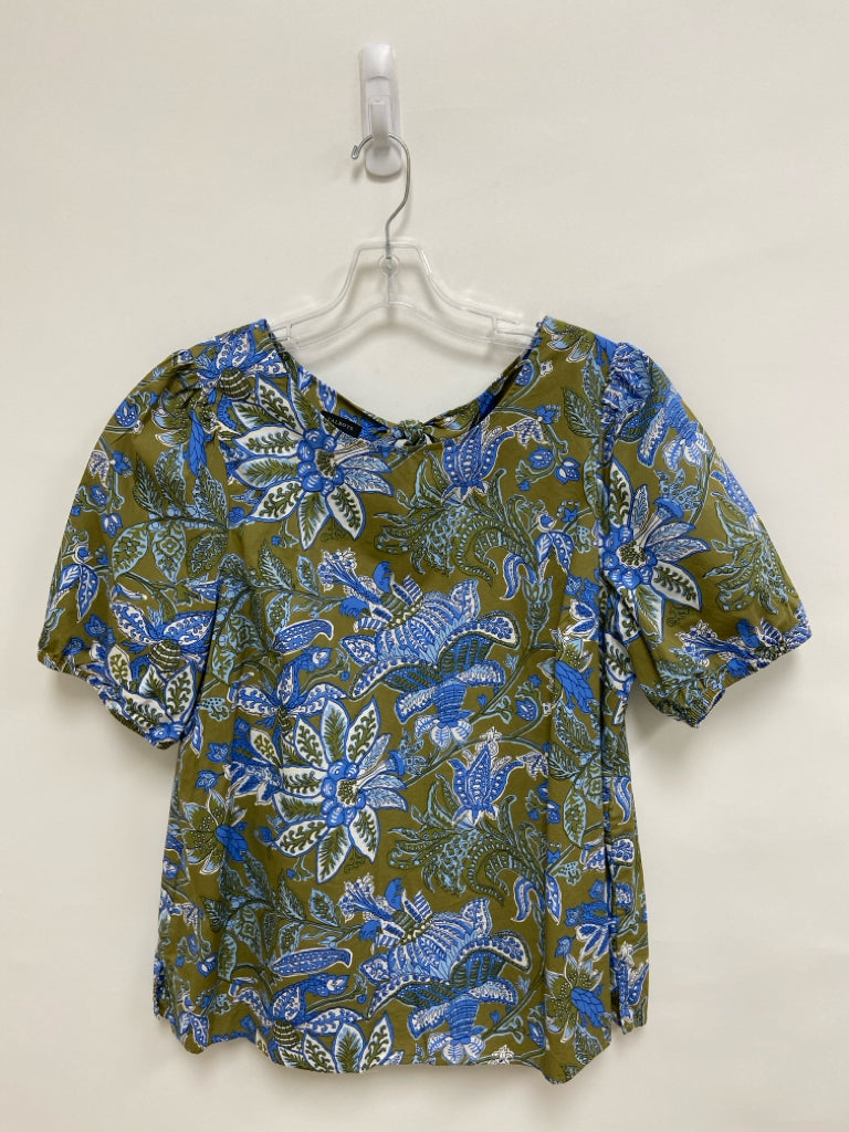Talbots Size XL Olive Green Blue/White Floral Ladies Top