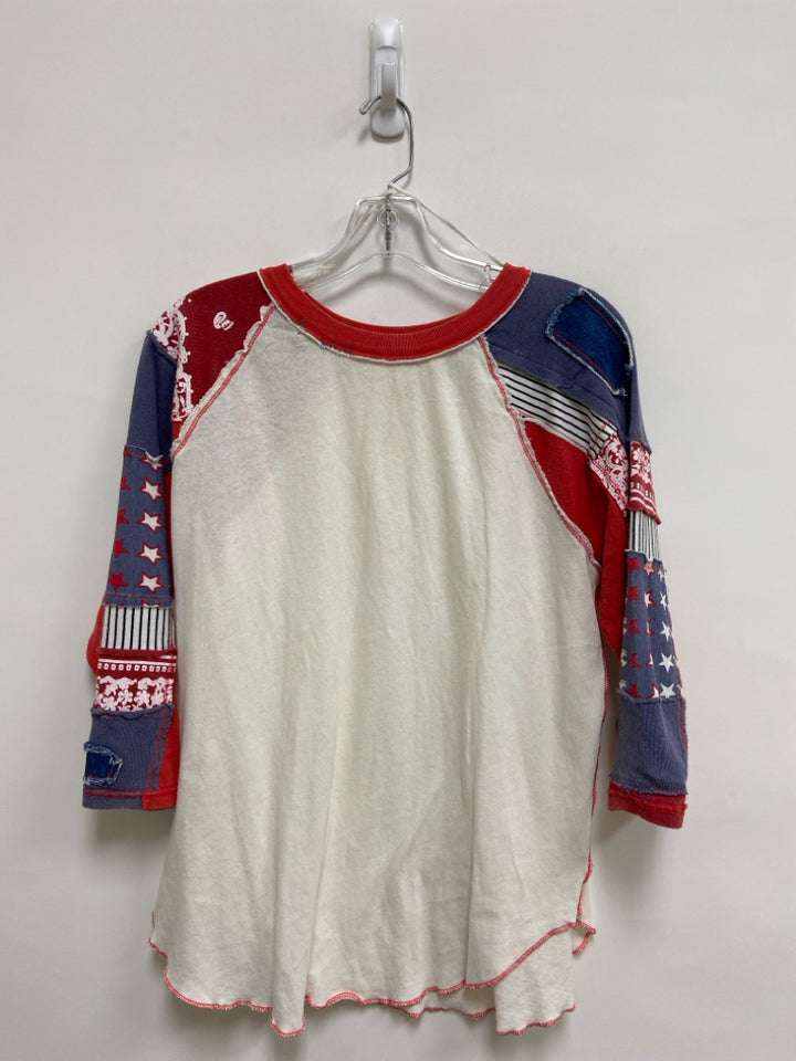 We The Free Size M White Red/Blue 3/4 Sleeve Cotton Ladies Top
