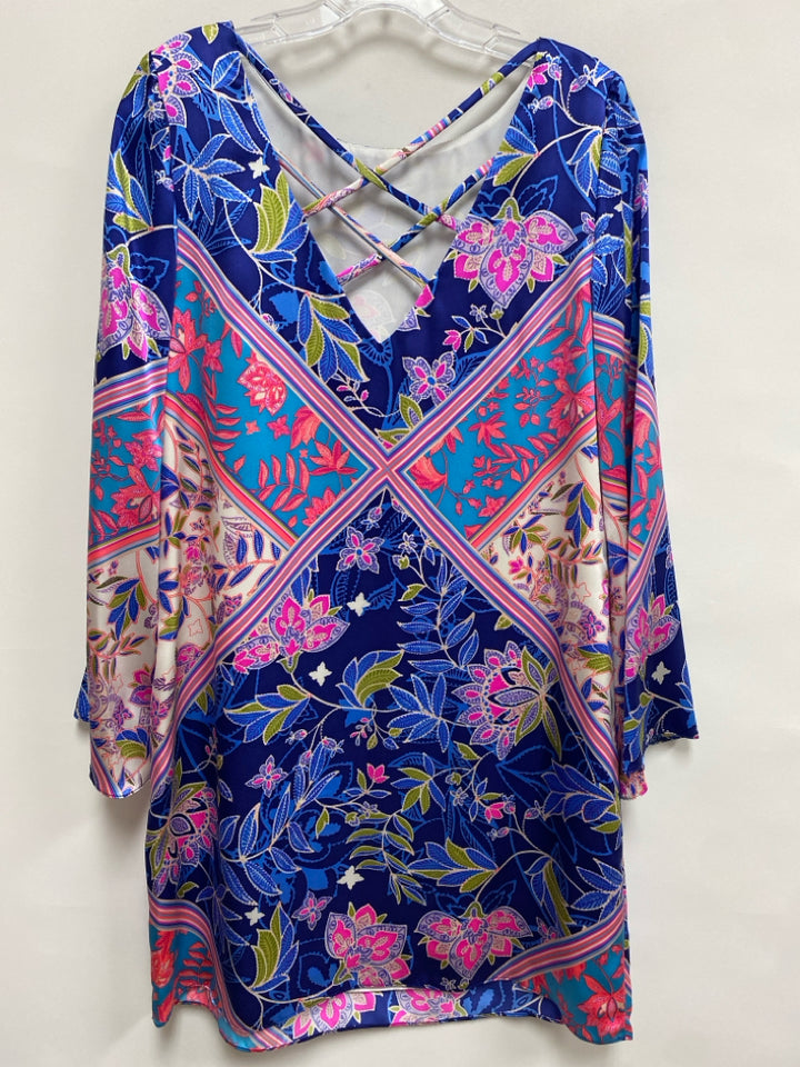 Size S Royal Blue/Green Fuchsia/Multi Acanthus Bell Sleeves Silk Ladies Dress