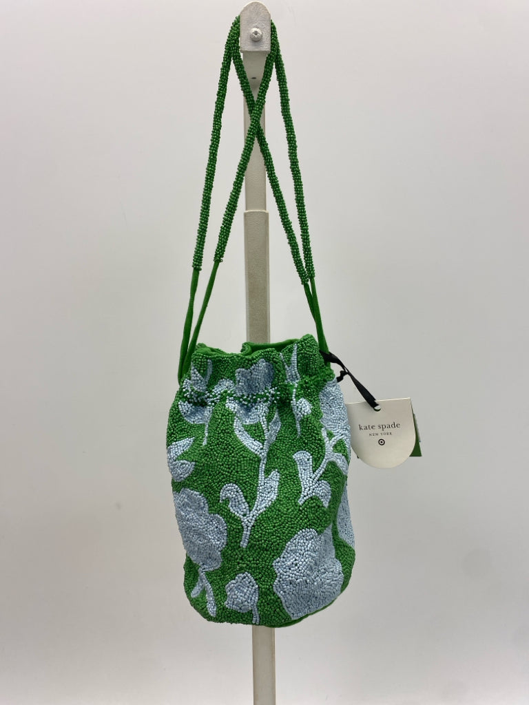 NWT Kate Spade Kelly Green Pale Blue Beaded Flowers Handbag