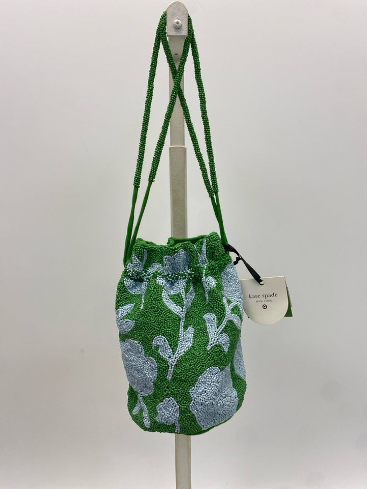 NWT Kate Spade Kelly Green Pale Blue Beaded Flowers Handbag