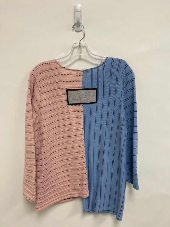 Margaret Winters Size XS Pink/Blue Black Lines V Neck Ladies Sweater