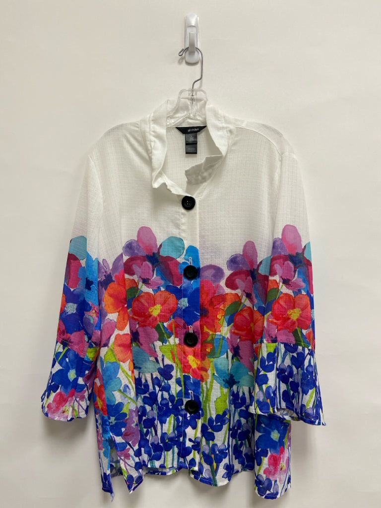 Ali Miles Size L White Multi Color Flowers Button Up Ladies Top