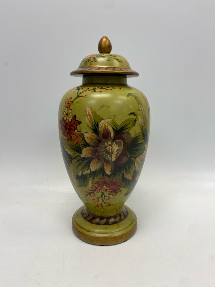 Raymond Waites Lime Green Red/Peach Flowers Ceramic Jar