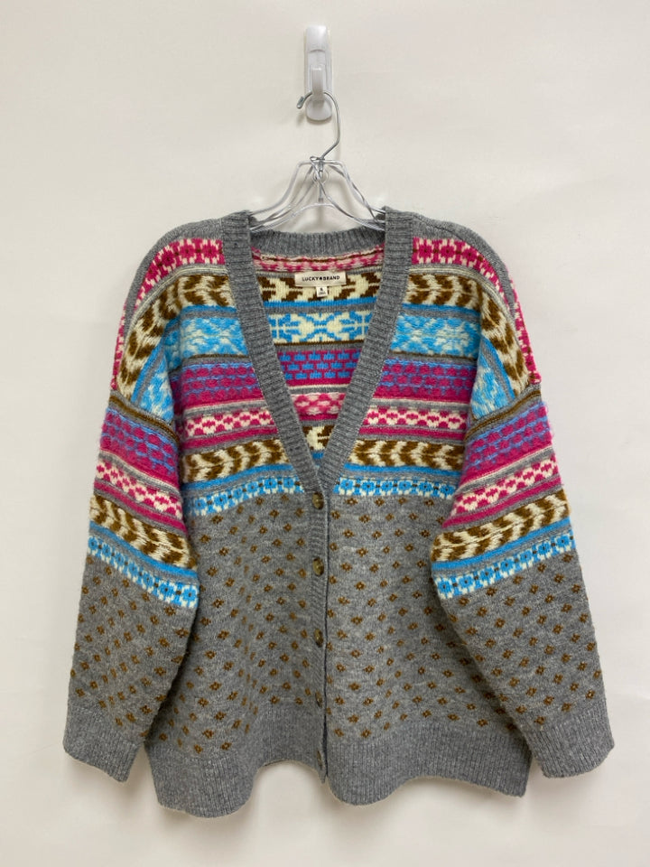 Lucky Brand Size XL Gray/Pink Cream/Brown Southwestern Cardigan Ladies Sweater