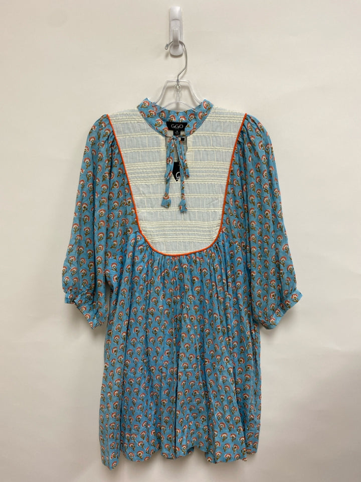 NWT GiGiO Size M Blue/Cream Coral/Brown Flowers Puff Sleeve Ladies Dress
