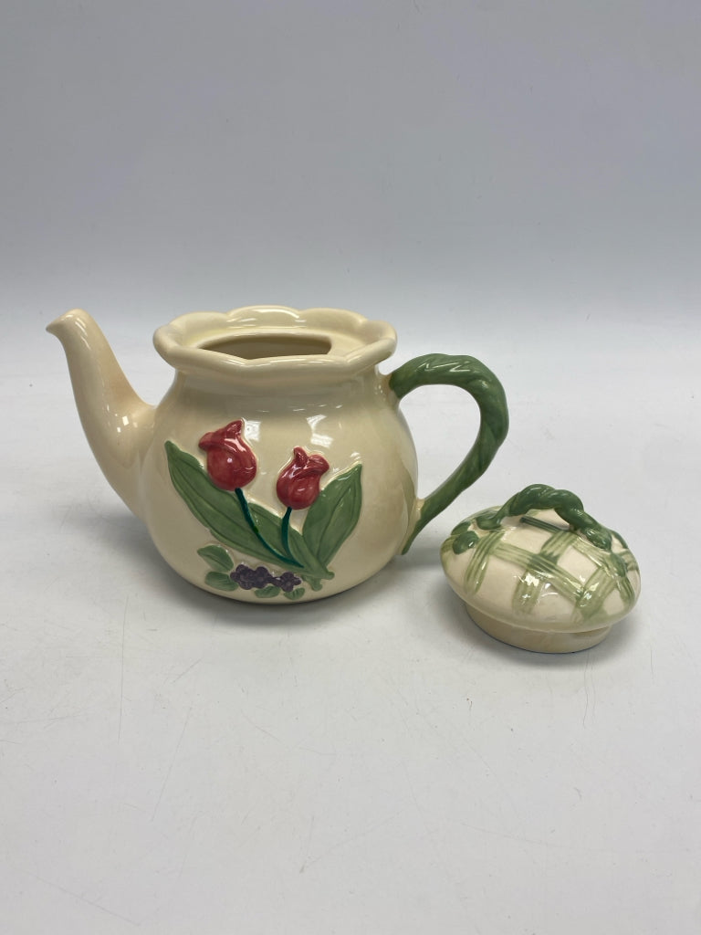 Cream Green/Pink Flowers Tea Pot