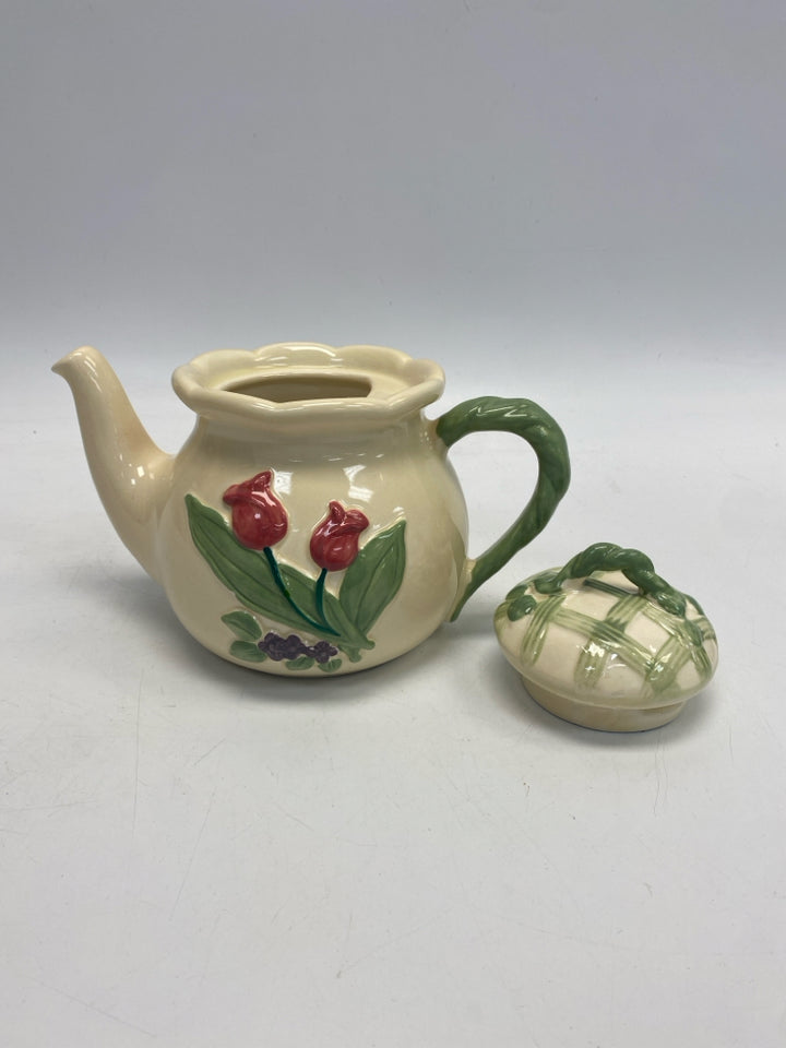 Cream Green/Pink Flowers Tea Pot