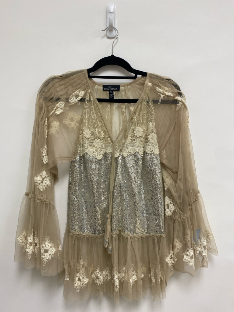 Size XS Beige Silver Sequins Bell Sleeves Sheer Ladies Top