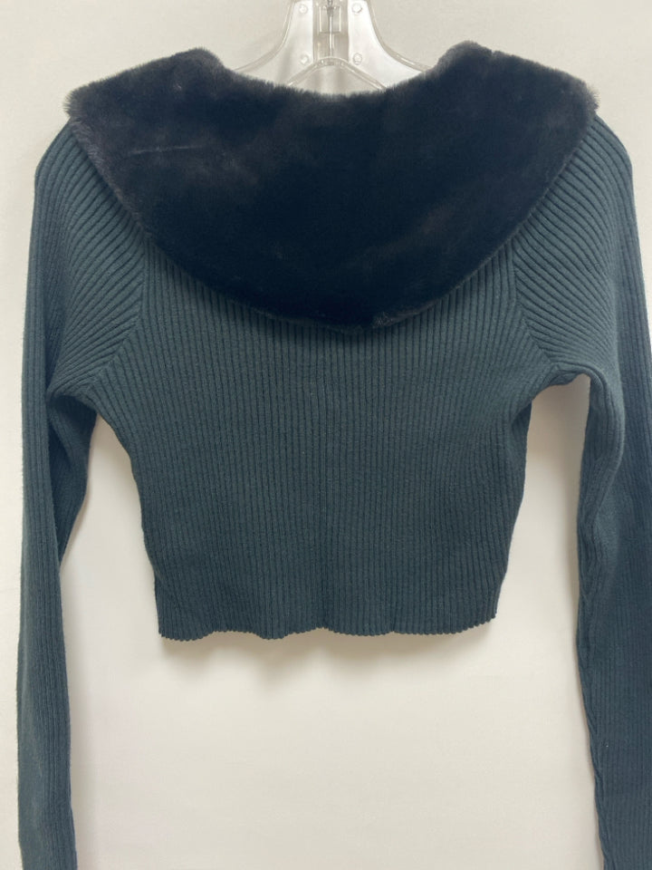 NWT Size S Dark Green Black Cardigan Faux Fur Collar Ladies Sweater