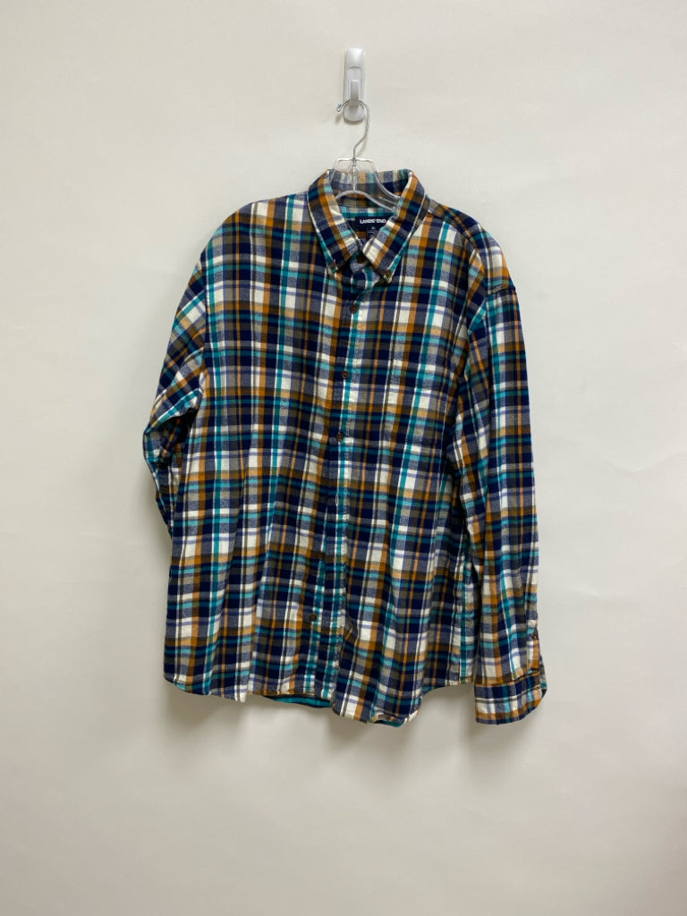 Lands End Size XL White Teal/Orange Plaid Flannel Men&