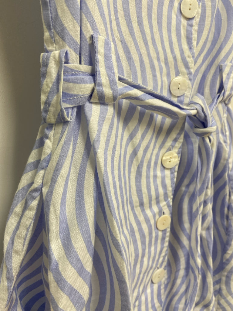 Size 6 White Powder Blue Waves Button Up Linen Ladies Dress